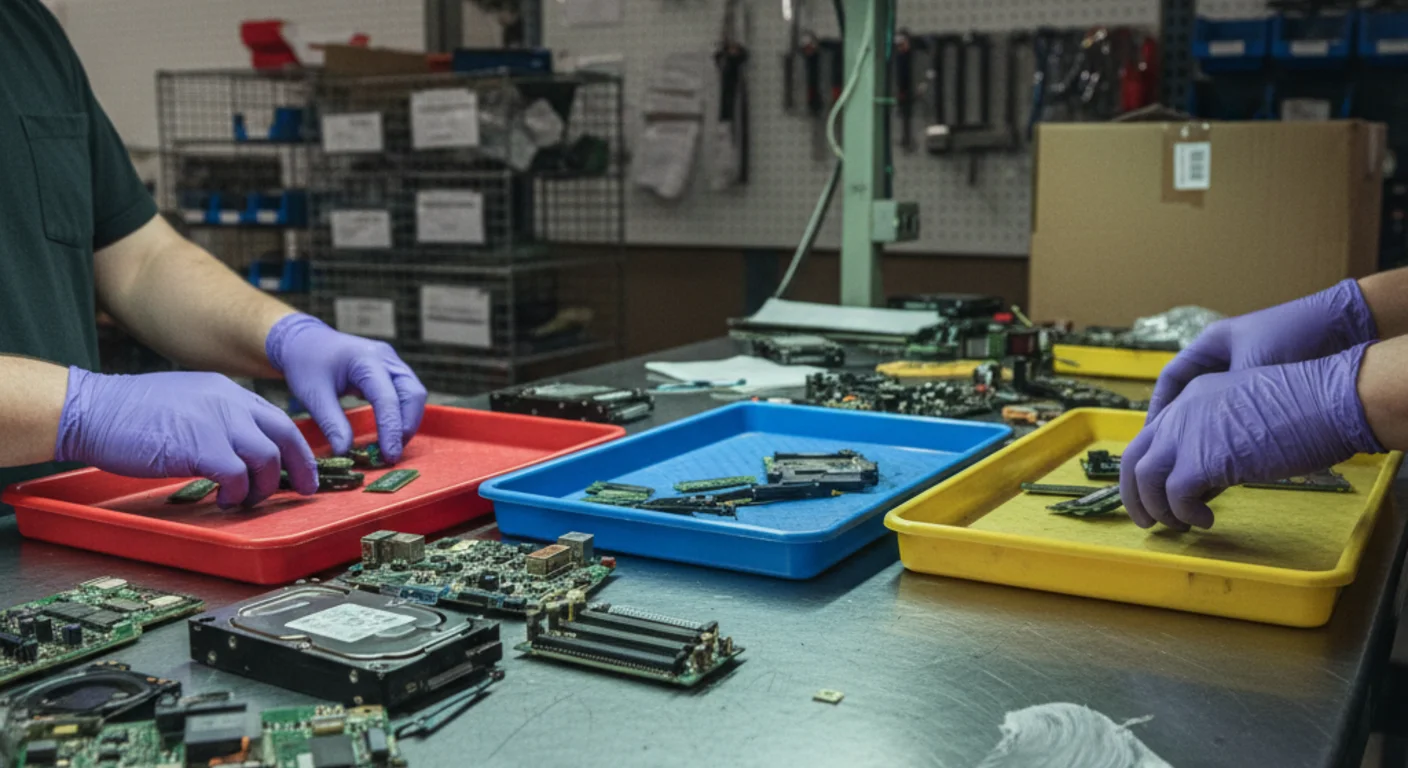 Technicians sorting disassembled electronics on a workbench at MicroAnt's certified processing facility