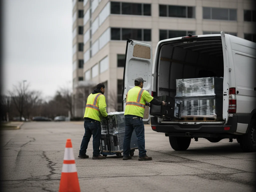 MicroAnt uniformed crew loading retired equipment into a truck at a customer site